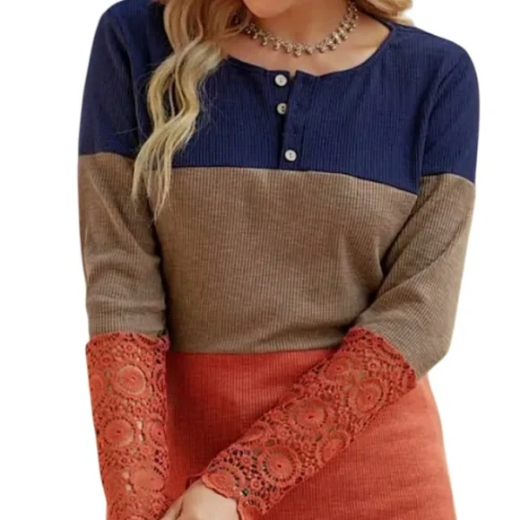 Unbranded Colorblock Crochet Lace Sleeve Henley Shirt Size XL - Picture 1 of 9